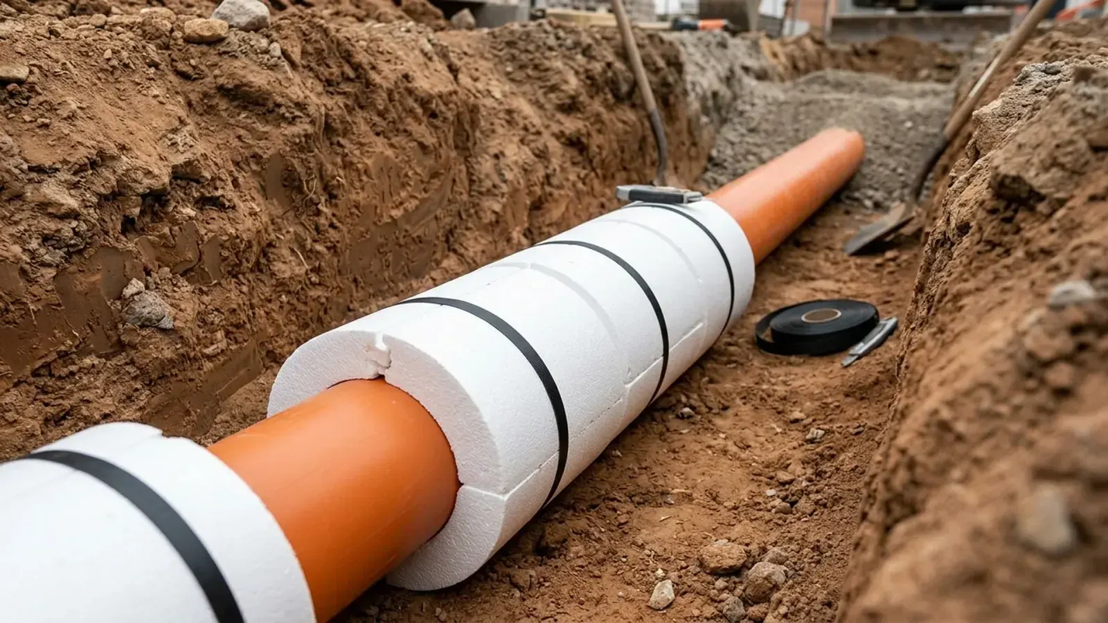 Оранжевая труба НПВХ в траншее, обёрнутая белыми скорлупами из экструдированного пенополистирола
